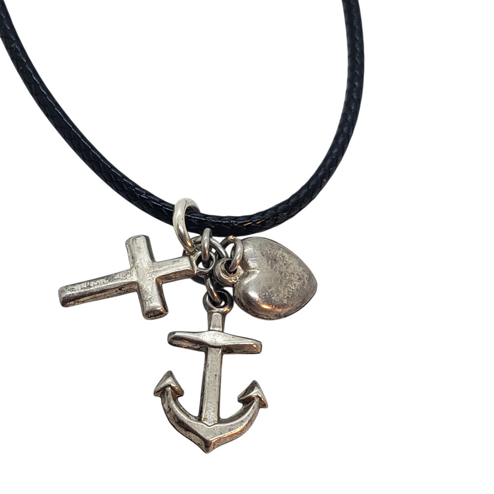 VTG Sterling Silver 925 Cross Anchor Heart Charm Necklace Faith Hope Love Navy - Picture 1 of 8